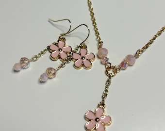 Cascading Cherry Blossoms Necklace and Earrings Set - Handmade, 16 inch chain, with matching earrings