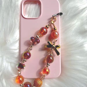 Chunky Beaded Phone Charm Strap: Iridescent Hearts & Bows