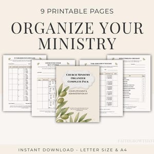 Peut inclure: Ensemble de pages imprimables pour l'organisation du ministère. L'image présente un livret central intitulé "Church Ministry Organizer Complete Pack" avec des illustrations de branches d'olivier, entouré de diverses feuilles de planification. Le texte comprend "Organisez votre ministère" et "9 pages imprimables."