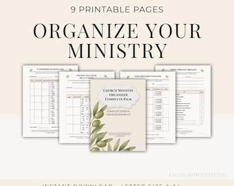 May include: A collection of printable pages for ministry organization. The image features a central booklet titled "Church Ministry Organizer Complete Pack" with olive branch illustrations, surrounded by various planning sheets. Text includes "Organize Your Ministry" and "9 Printable Pages."