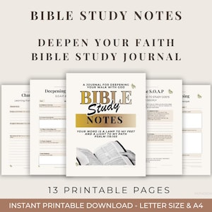 Puede incluir: Un diario de estudio bíblico con el título "Bible Study Notes" y el texto "Deepen Your Faith Bible Study Journal". Incluye 13 páginas imprimibles con indicaciones y espacio para notas. La portada presenta una pancarta dorada y un libro abierto.