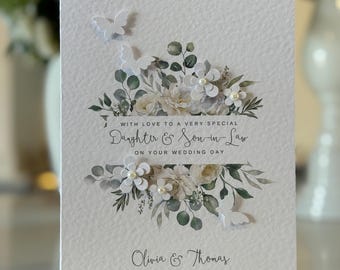 Personalised Daughter & Son In Law Wedding Card, Luxury Linen Wedding Card, Handmade Floral Wedding Card, 3d Paper Butterflies, Gems