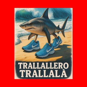 Brainrot Meme Affiche Trallallero Trallalà | Requin IA drôle avec des chaussures Nike | Art numérique viral haute résolution | Décoration murale bureau, chambre