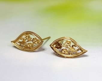 Small Gold Studs, Gold Stud Earrings, Gold Leaf Earrings, Leaf Stud Earrings Lace Earrings Fall Gold Leaves Earrings, Filigree Earrings
