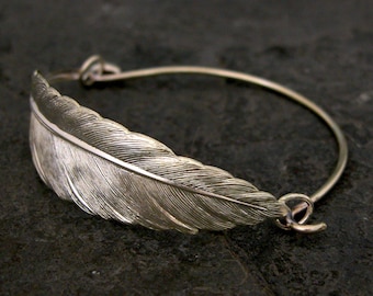 Bransoletka z piór, Bransoletka Bangle, Bransoletka z piór ze srebra, Bransoletka srebrna, Bransoletka srebrna, Bransoletka dla druhny, Biżuteria dla druhen