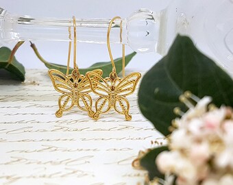 22k Gold Plated Butterfly Drop Earrings, Filigree Design