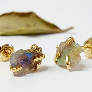 Dainty Gold Stud Earrings, October Birthstone, Raw Opal Stud Earrings, Opal Gemstone Earrings, Raw Gemstone Studs, Birthstone Jewelry Gift