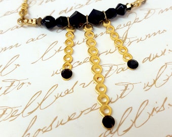 Unique Gift For Her, Gold Black Necklace, Black Gold Necklace, Dainty Swarovski crystal Necklace, Onyx Gemstone Necklace, Black Gold Pendant