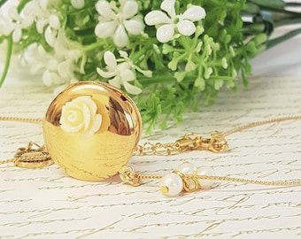 Pearl Gold Locket Necklace, Gold Pearl Necklace, Gold Jewelry, Pearl Jewelry, Unique Mother Gift for Her, Rose Necklace, Floral Jewelry