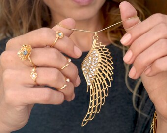 Gouden engelenvleugelketting, engelenvleugelsieraden, lange ketting, Swarovski-ketting, boho-ketting, boho-sieraden, statementhanger