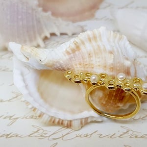 Pode incluir: Anel de ouro com uma fila de pequenas pérolas brancas engastadas em um design decorativo. O anel está sobre um fundo de concha.