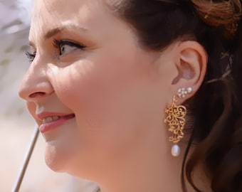 Wedding Earrings, Bridal Leaf Earrings, Wedding Drop Pearl Earrings, Flora Vine Earrings, Twig Earrings, Gold Branch Earrings, Leaf Earrings