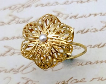 Solitaire Lace Flower Pearl Gold Ring, Gold Filigree Flower Ring, White Pearl Ring, Gold Pearl Ring, Boho Wedding Bridal Bridesmaid Jewelry