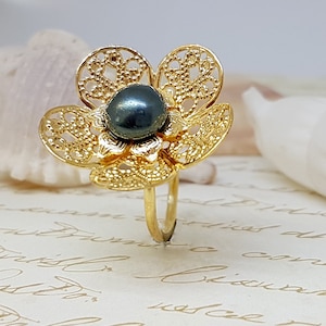 Pearl Bridal Ring, Wedding Flower Ring, Lace Flower Ring, Bridesmaid Pearl Ring, Gold Filigree Flower Ring, Something Blue Ring,