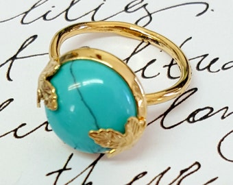 Turquoise Birthstone Ring ,Gemstone Ring, Maple Leaf Ring, Birthday Gift, December Birthstone, Unique Turquoise Ring, Gold and Turquoise