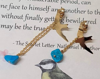 Bird Turquoise Ear Jackets, December Birthstone Earrings, Double Stud Bird Earrings, Turquoise Bird Gold Studs, Turquoise Gemstone Earrings