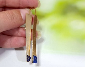 Drop Dangle Earrings, Asymmetric Earrings, Lapis Earrings, Gemstone Gold Earrings, September Birthstone Earrings, Mismatch Drop Earrings