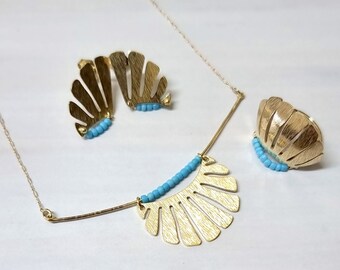 Joyería geométrica, conjunto de collar, anillo y pendientes, joyería de sol, anillo de turquesa, pendientes de turquesa, conjunto de joyas de piedras preciosas de turquesa