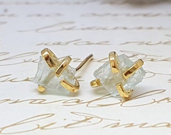 Aquamarine Stud Gold Earrings, Raw Aquamarine Earrings, March Birthstone Studs, Aquamarine Birthstone Jewelry, Dainty Aquamarine Studs