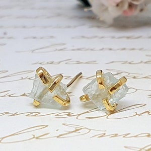 Aquamarine Earrings, Raw Aquamarine Earrings, March Birthstone Studs, Gold Stud Earrings, Aquamarine Birthstone Jewelry, Best Friend Gift