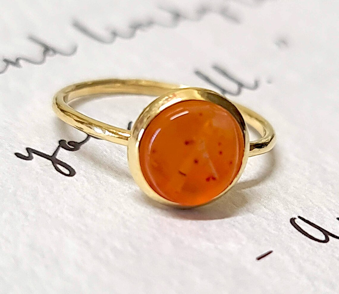 Triple Stone Orange Carnelian and Golden Ring