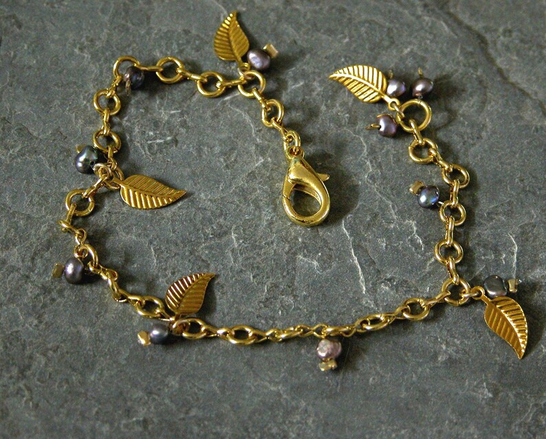 Leaf bracelet, Gold Charm Bracelet Gift For Mom, Gold Leaf Bracelet, Gold Pearl Bracelet, Bohemian Pearl Jewelry, Pearl Birthstone Bracelet image 2