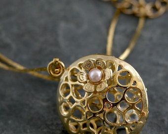 Unique Necklace, Gold round pendant with Filigree Flower and Petite Freshwater Pearl, Unique Gold Necklace