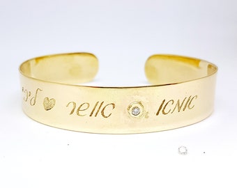 14K Solid Gold Bracelet, Solid Gold Cuff Bracelet, 14k Gold Bracelet, Wide Cuff Bracelet, Personalized Engraved Bracelet, Hebrew Bracelet