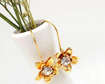 Gold Flower Drop Earrings: Swarovski Crystal Bridal Jewelry