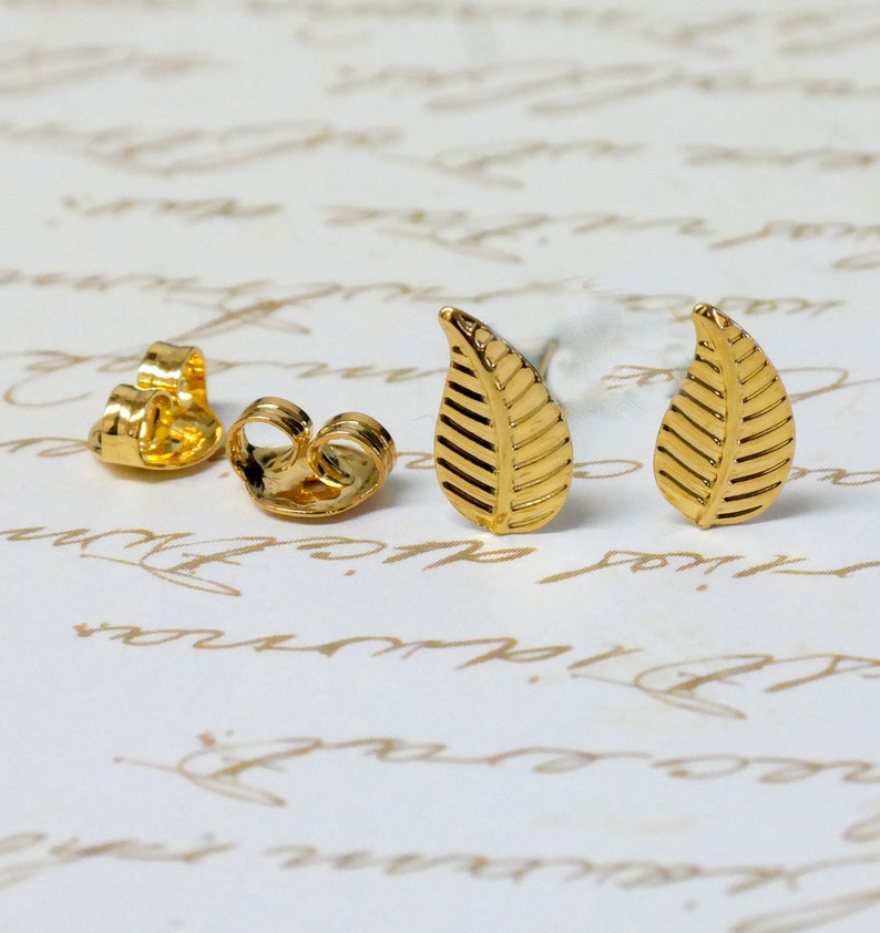 Gold leaf earrings, leaf stud earrings, leaf studs, leaf jewelry, nature earrings, gold studs, fall leaf earrings, autumn earrings image 4