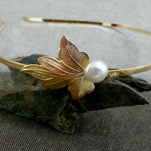 Pearl Bridal Wedding Gold Headband, White Bridal Gold Headband, Shabby Chic Wedding Bridal Hair Accessories, White Pearl Gold Leaf Headband