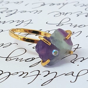 Raw Flourite Ring, Raw Stone Ring, Stackable Gemstone Ring, Solitaire Ring, Gift For Her, Boho Chic Ring, Bohemian Jewelry, Solitaire Ring