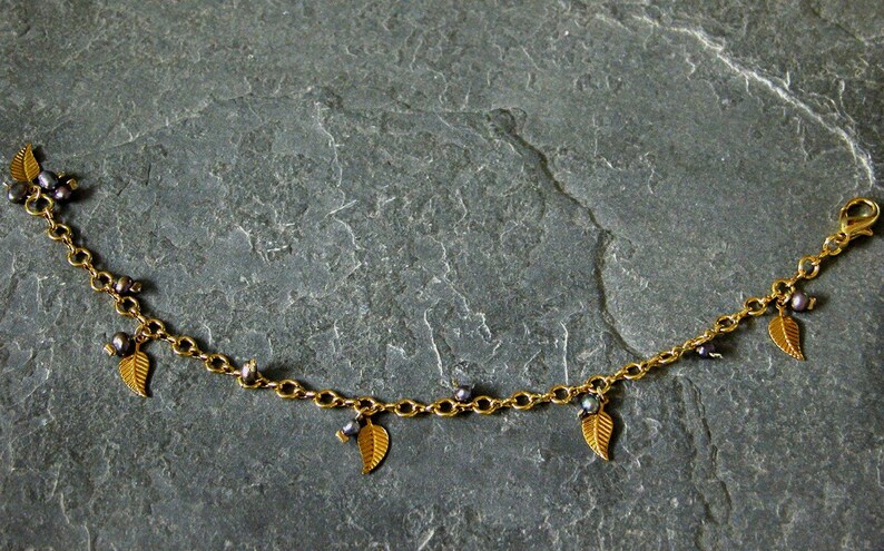 Leaf bracelet, Gold Charm Bracelet Gift For Mom, Gold Leaf Bracelet, Gold Pearl Bracelet, Bohemian Pearl Jewelry, Pearl Birthstone Bracelet image 4