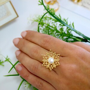 Anillo de flores eduardiano, regalo para mujer, anillo de oro, anillo de flores con filigrana de oro, anillo de bodas de oro, anillo de novia con perla, anillo de bodas, anillo de flores