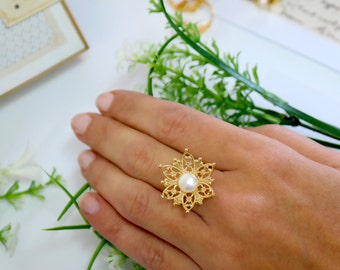 Edwardian Flower Ring, Women Gift, Gold Ring, Gold Filigree Flower Ring ,Wedding Gold Ring, Bridal Pearl Ring ,Wedding Ring , Flower Ring