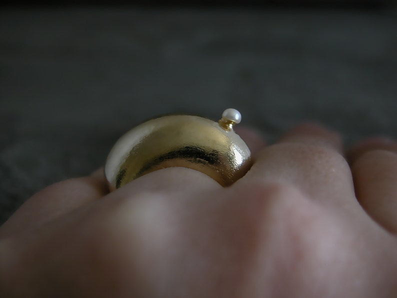 Gold Ring, Gold Pearl Ring, Gold Dome Ring with Pearl, Pearl Ring, Pearl Ring Gold, Unique Pearl Ring, Designer Jewelry, Gift For Women image 4