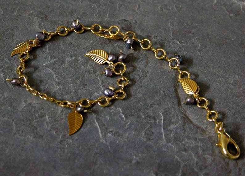 Leaf bracelet, Gold Charm Bracelet Gift For Mom, Gold Leaf Bracelet, Gold Pearl Bracelet, Bohemian Pearl Jewelry, Pearl Birthstone Bracelet image 3