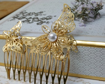 Wedding Decorative Comb, Wedding Hair Accessories, Gold Hair Comb, Pearl Bridal Comb, Gold Wedding Headpiece, Butterfly Comb, Pearl Comb
