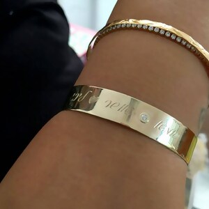 Personalized Hand Engraved Gold Bracelet, Birthstone Bangle Bracelet, Best Friend Gift, Gold Personalized Cuff, Personalized custom jewelry image 9