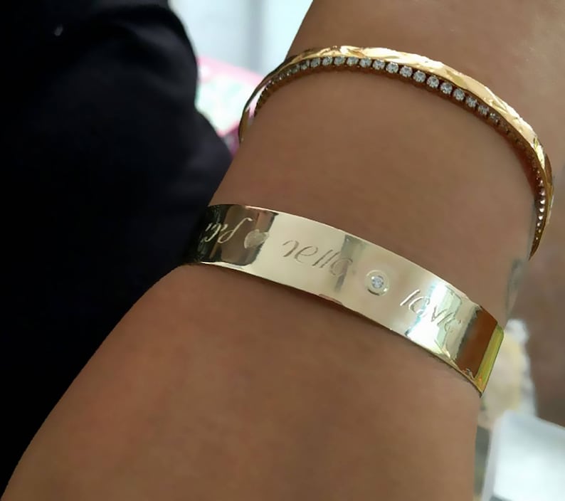 Personalized Hand Engraved Gold Bracelet, Birthstone Bangle Bracelet, Best Friend Gift, Gold Personalized Cuff, Personalized custom jewelry image 9