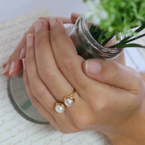 Open Pearls Gold Ring, Bridal Pearl Ring, Open Gold Multi-Stone Ring, Unique Stacking Ring, June Birthstone Ring, Pearls Stacking Ring