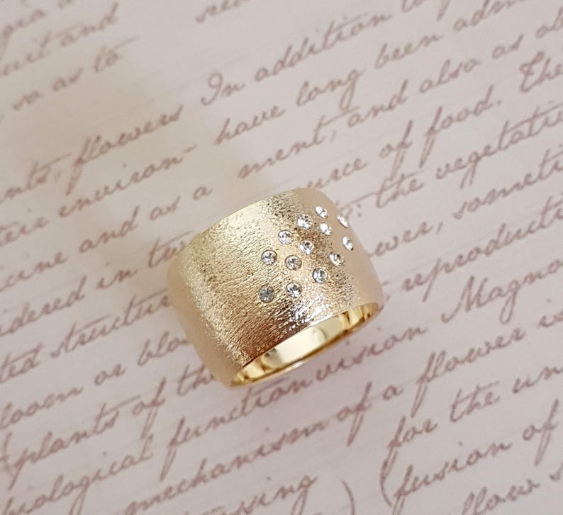 Gold Statement Ring, Unique Wedding Band, Wide Gold Band, Cubic Zirconia Band, Wedding Ring, Modern Gold Band, Bridal Wide Band image 2