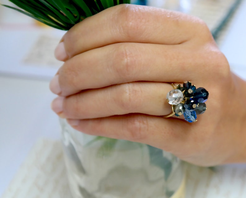 Gift For Women, Silver Crystal Cluster Ring, Silver Blue Ring, Silver Floral Ring, Silver Crystals Ring, Silver Cocktail Ring, Cluster Ring image 4