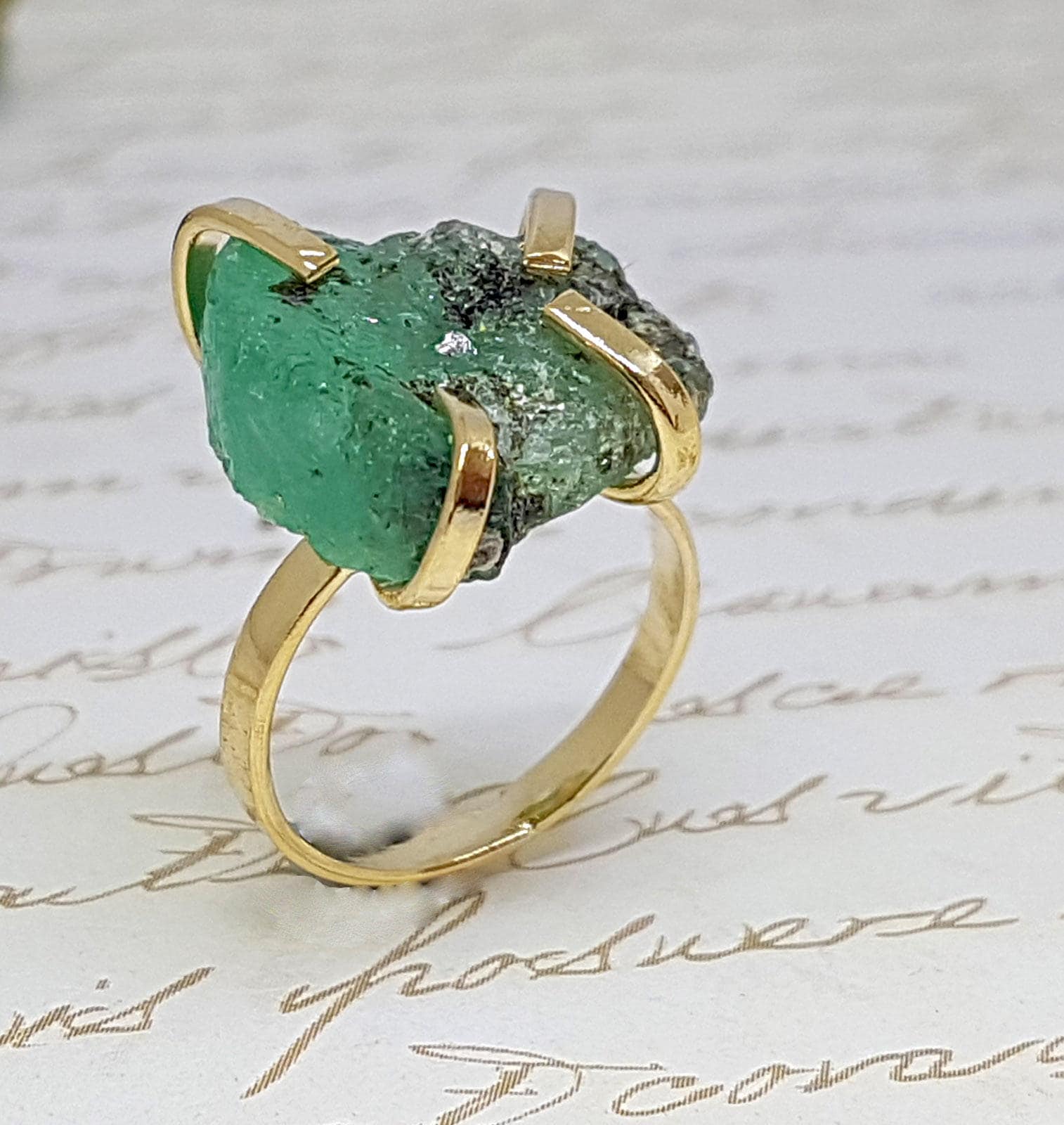 Raw Emerald Ring, Gold Emerald Ring, Rough Emerald Ring, May Birthstone ...