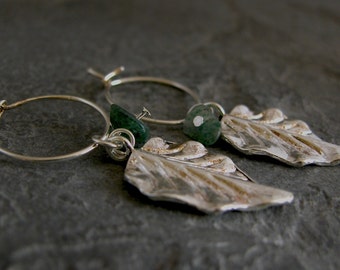 Silver Plated Hoop Earrings, Green Aventurine, Leaf Charm