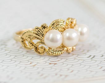 Gold Pearl Ring, Pearl Ring, Freshwater White Pearl Rings, Gemstones Ring, June Birthstone Ring, Statement Rings, Gift For Her, Gold Jewelry