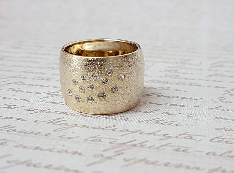 Gold Statement Ring, Unique Wedding Band, Wide Gold Band, Cubic Zirconia Band, Wedding Ring, Modern Gold Band, Bridal Wide Band image 5