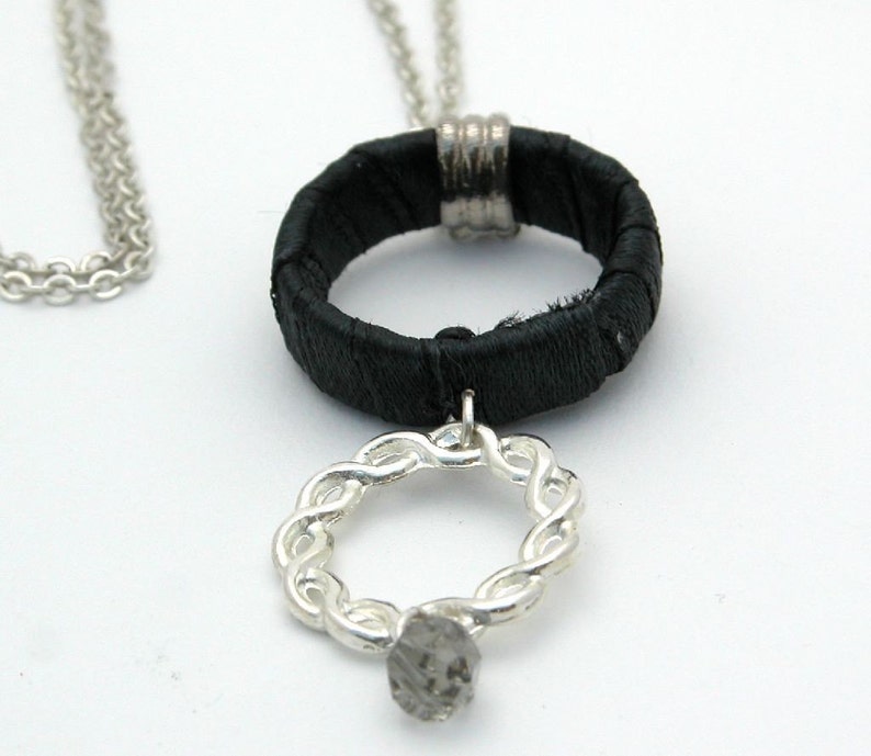 Gift For Women, Silver Necklace with Black Satin Hoop Swarovski Crystal ,Black Sterling Silver Pendant, Black Necklace, Circle Pendant image 2