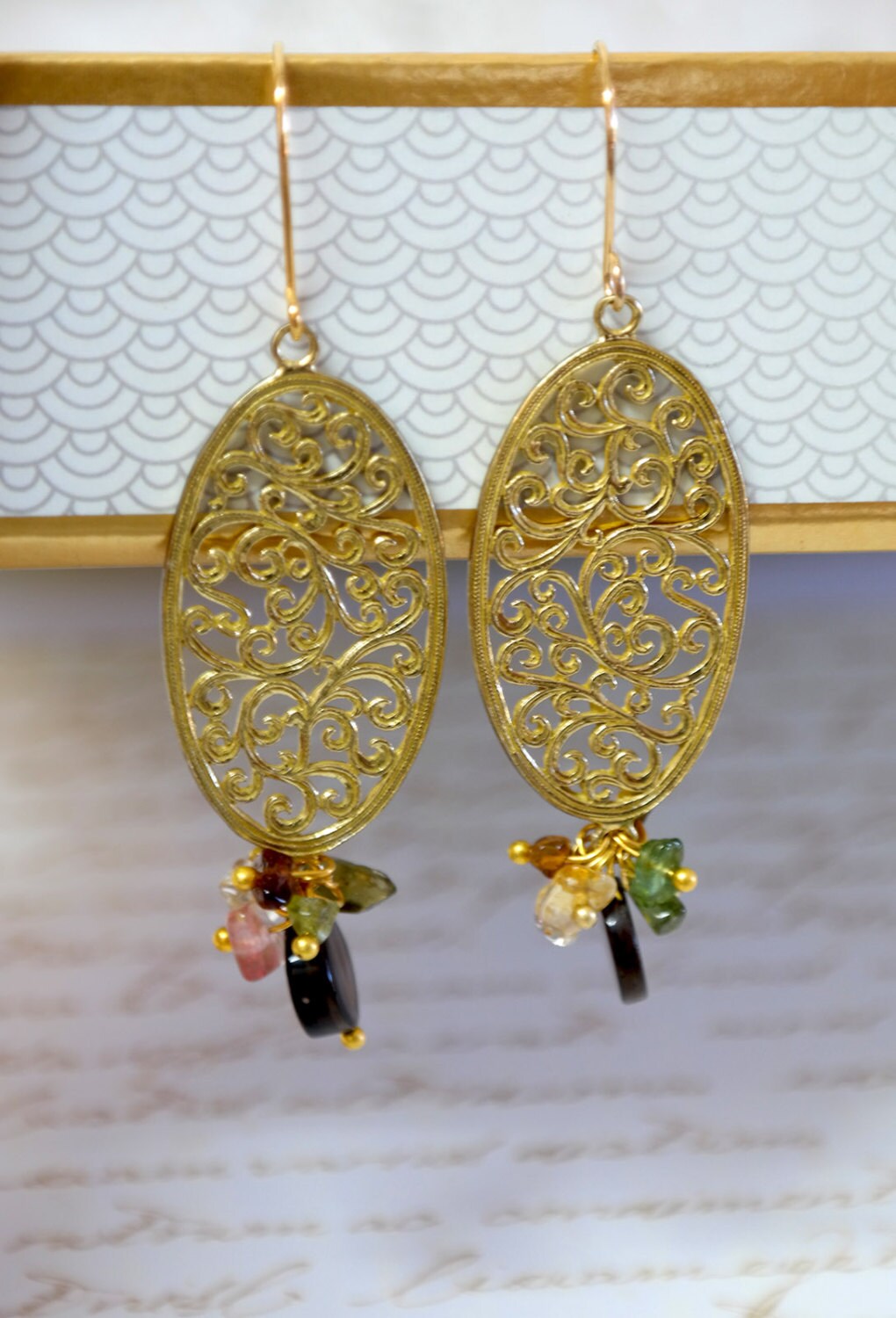 Unique Gemstone Gypsy Filigree Lace Gold Earrings, Lacy Dangle Earrings, Gold Lace Earrings ,Gold Filigree Earrings, Gold Gemstone Earrings