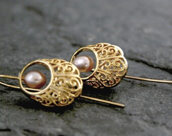 Pendientes de perlas para boda, pendientes de perlas doradas, pendientes dorados victorianos, pendientes dorados para novia, pendientes de perlas para novia, joyería dorada para boda